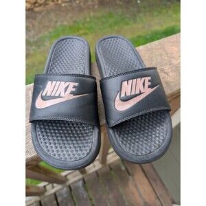 Nike Benassi JDI Slides Swoosh Logo Size 7 Black Pink Slip On Shoes Beach Preppy